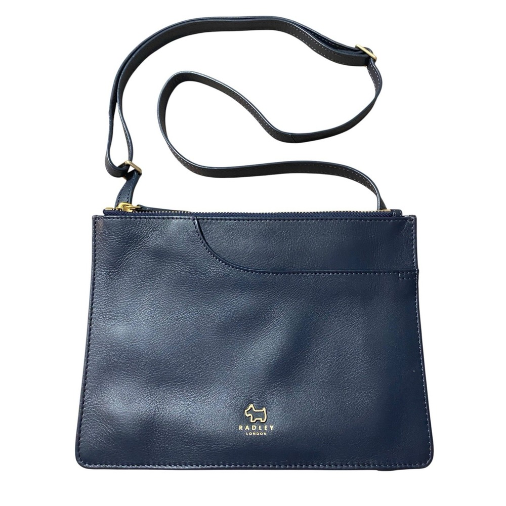 ⁠Radley London Navy Blue Leather Crossbody Bag Multi Zip Shoulder Purse Small